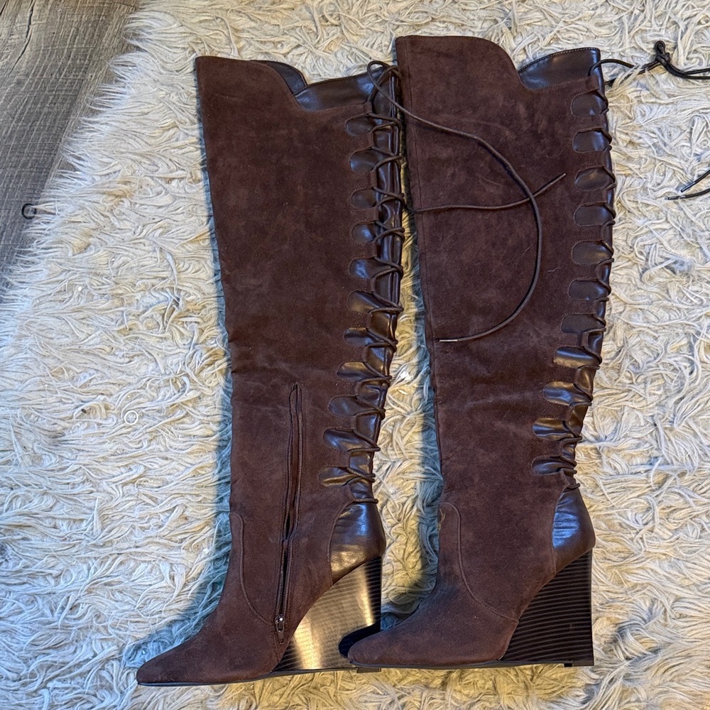 Brown Over-the-Knee Wedge Boots